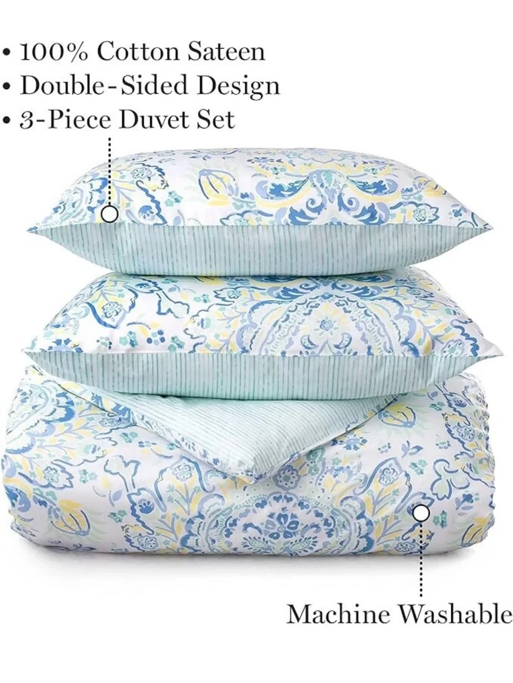 MARTHA STEWART 100% Striped 3Pc Duvet Cover Set Queen size